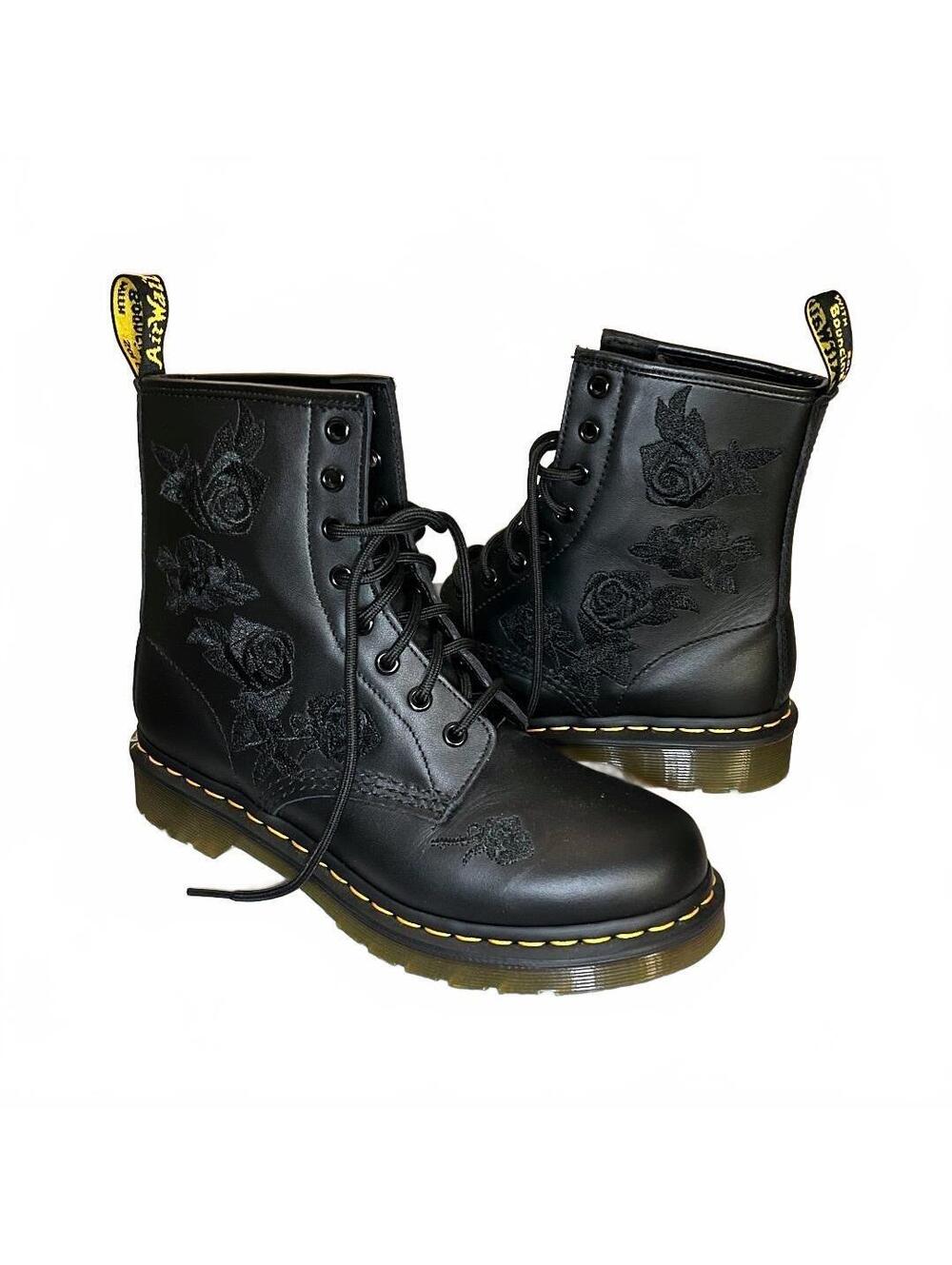 Dr. Martens Vonda Mono Black Floral Embroidered Boots US 8
